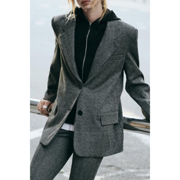 Zara Womens Herringbone Blazer Jacket Medium M Black Gray  Hooded 4387/368 NWT - Picture 1 of 16
